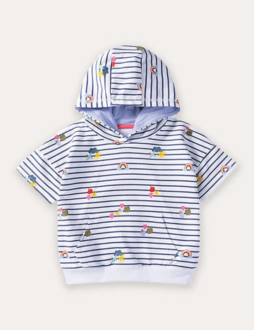 Striped Printed Hooded Short Sleeve T-Shirt